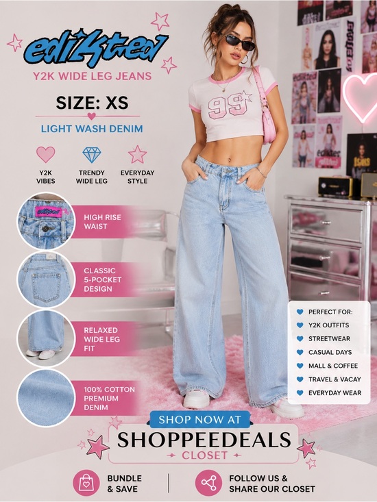 Edikted Denim - Edikted Light Wash Wide Leg Jeans | Y2K Baggy Denim | Size XS